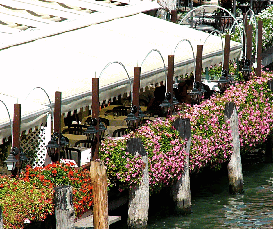 Dinner at a canal-side restaurant